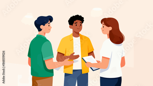 Three people are standing together and one of them is holding a book. Scene is friendly and social