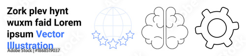 Technology, innovation, education, teamwork, global communication, problem-solving. Line art of globe with stars, brain and gear. Technology and innovation concepts highlighting connectivity