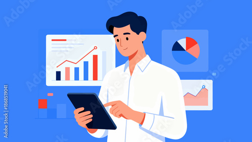A man is using a tablet to look at graphs and charts. He is smiling, indicating that he is happy or content with the information he is seeing. Concept of productivity and focus
