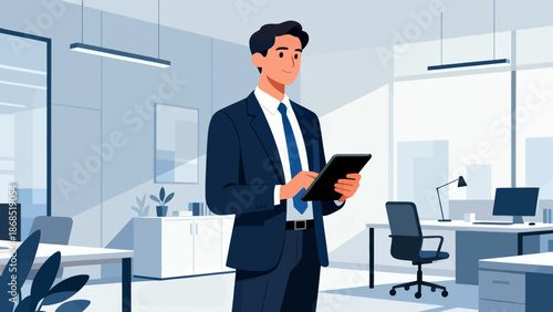 A man in a suit is standing in a cubicle with a tablet in his hand. He is wearing a tie and he is focused on his work. The cubicle is furnished with a desk, a chair, and a computer monitor