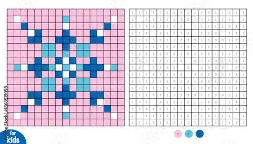 Snowflake winter pixel color by number page for kids. Educational activity for preschool and kindergarten children to learn numbers and colors. Square grid design