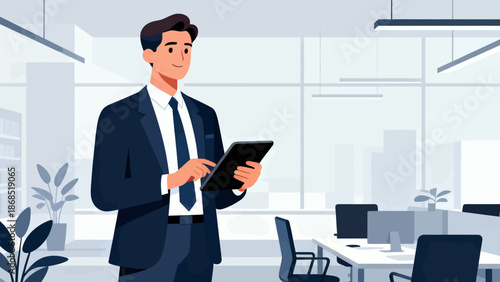 A man in a suit is standing in front of a window with a tablet in his hand. He is smiling and he is enjoying his work. Concept of professionalism and productivity