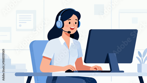 A woman is sitting at a desk with a computer and headset on. She is smiling and she is enjoying her work