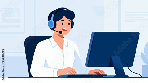 A woman is sitting at a desk with a computer and headset on. She is smiling and she is happy