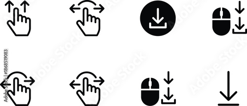 Set of eight black vector icons representing digital touch gestures mouse scroll and file download for user interface.