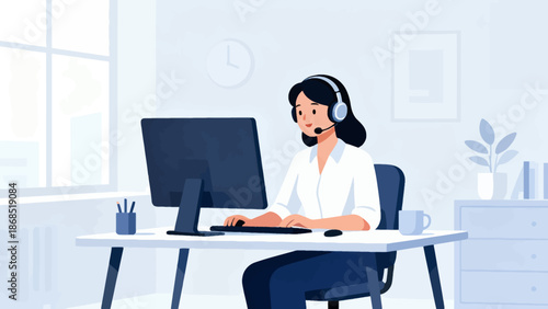 A woman is sitting at a desk with a computer and a keyboard. She is wearing headphones and she is focused on her work