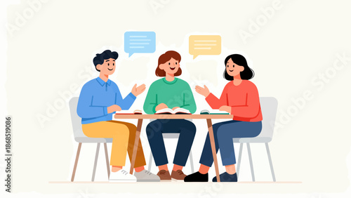 Three people are sitting around a table, talking to each other. They are smiling and seem to be enjoying each other's company. The table is set with books and a cup