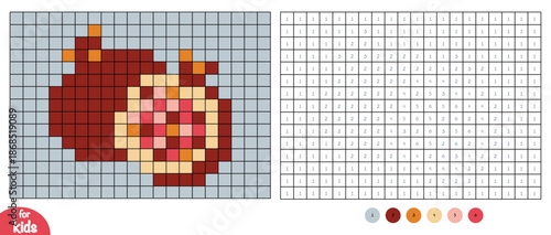 Pomegranate fruit pixel color by number page for kids. Educational activity for preschool and kindergarten children to learn numbers and colors. Square grid design