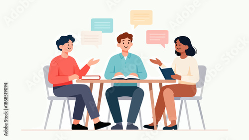 Three people sitting around a table, one of them reading a book. Scene is friendly and collaborative