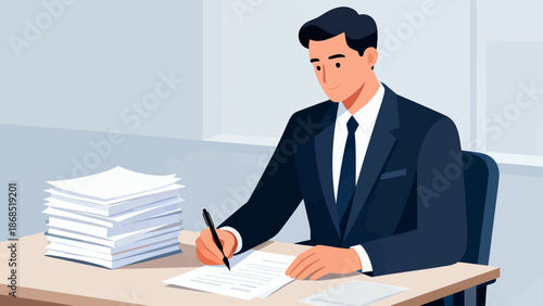 A man in a suit is writing on a piece of paper. He is sitting at a desk with a pile of papers in front of him. The scene suggests that he is working on a project or writing an important document