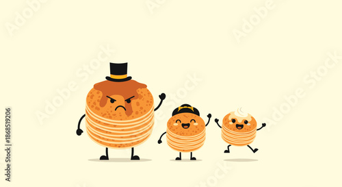 Family of three pancake characters with funny faces including a grumpy tall stack and two happy smaller ones for breakfast themes.