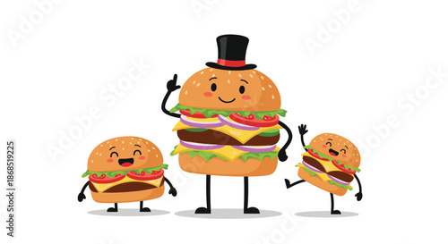 Three cheerful hamburger characters standing together include a large burger wearing a formal top hat and two smaller smiling burger companions.