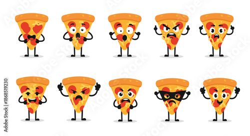 Collection of funny pizza slice characters displays various emotions and poses including happy, angry, surprised, and a masked bandit version.