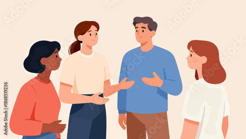 A group of people are standing together and talking. Scene is friendly and social