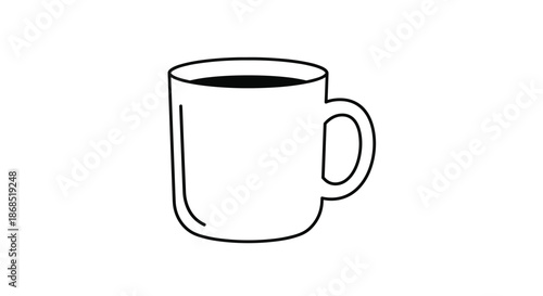 Basic black and white line art illustration shows a classic ceramic mug filled to the brim with dark coffee or another hot beverage.