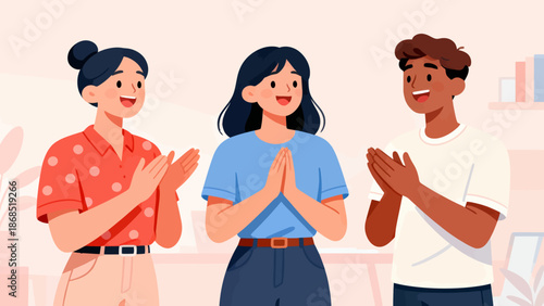 Three people are clapping in a room. The girl in the middle is smiling. The room has a lot of books and a laptop