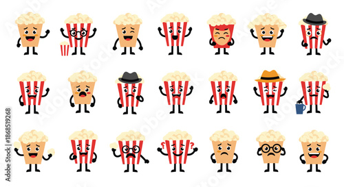 Extensive collection of popcorn tub characters displays a wide range of emotions and accessories like hats and glasses for various moods.