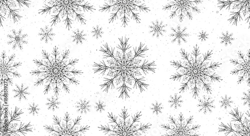 Highly detailed black and white pattern showcases a variety of intricate snowflake designs scattered across a clean white background space.