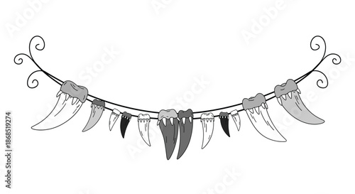 Stylized garland consists of various animal teeth and claws in shades of gray hanging from a curved black string with decorative swirls.