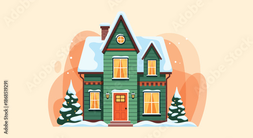Beautiful three-story green Victorian style house is nestled in a winter wonderland scene with snow-covered pine trees and a soft orange sky.