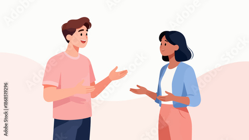 A man and a woman are talking to each other. The man is wearing a pink shirt and the woman is wearing a blue shirt
