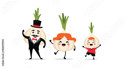 Cute garlic family characters featuring a father in a tuxedo, a mother with hair, and a child jumping for joy in a whimsical style.