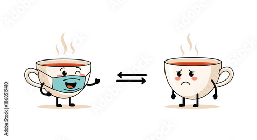 Animated tea cup wearing a surgical mask waving to another sad cup to represent social distancing and safety measures during a pandemic.