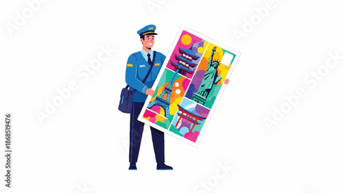 Postman Holding a Large Colorful Artwork.