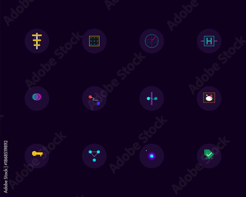 Complete Quantum Computing and Physics Icon Set. Qubit, Entanglement, Schrödinger's Cat, and Superposition Symbols