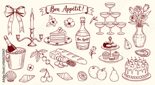 Hand Drawn Bon Appetit Food and Drink Illustration Collection.