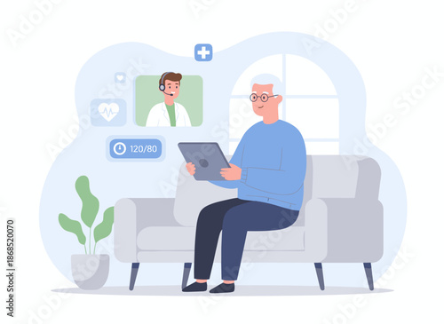 An elderly man in a blue shirt sits on a gray couch using a tablet with a telemedicine interface on the screen beside him and a potted plant nearby, conveying a modern and vibrant portrait