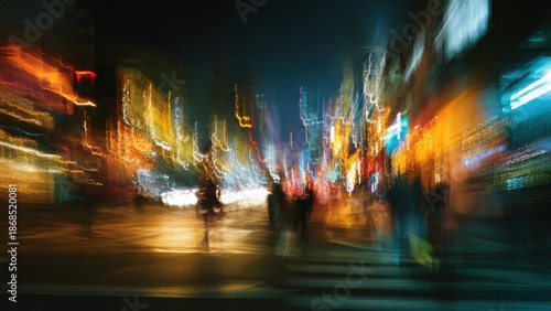 Vibrant Urban Night Scene with Blurred Lights and Motion in a Bustling City Street