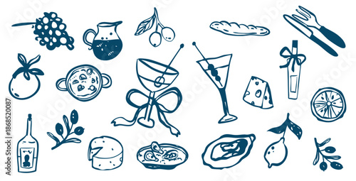 Hand Drawn Blue Sketch Icons of Food and Drinks.