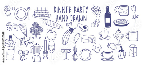 Hand Drawn Dinner Party Food and Drink Icons.