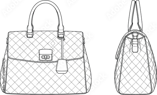 Handbag design, front view, side view, flap closure, turn-lock clasp, textured surface, fashion sketch, vector art, flat vector illustration