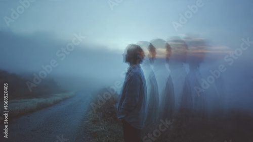 Surreal Long Exposure Photo of Person in Foggy Landscape with Motion Blur at Dusk