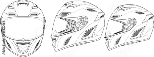 Motorcycle helmet, front view, side view, technical drawing, visor detail, air vents, safety gear, vector sketch, flat vector illustration