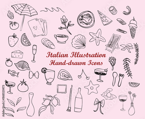 Hand Drawn Italian Cuisine Icons Collection Sketch.