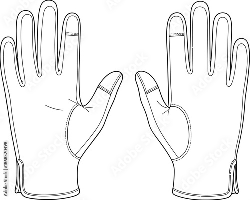 Palm view gloves, technical drawing, stitching detail, wrist slit, apparel design, vector sketch, fashion accessory, flat vector illustration