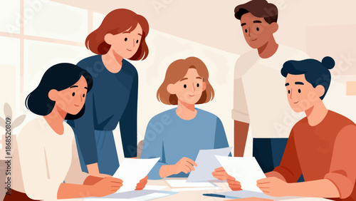 A group of people are sitting around a table with papers in front of them. They are all looking at the papers and seem to be working together. Scene is collaborative and focused