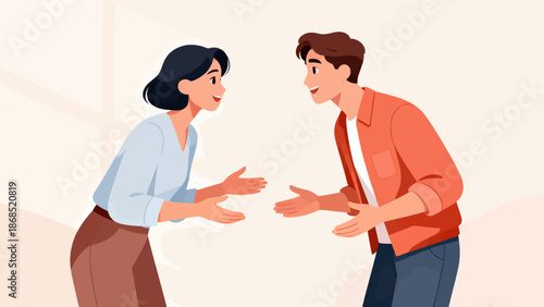 A man and a woman are talking to each other. The man is wearing a red shirt. The woman is smiling