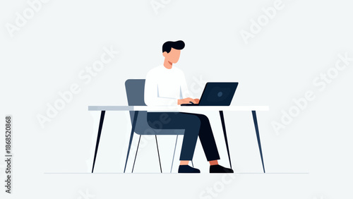 A man is sitting at a desk with a laptop in front of him. He is focused on his work and he is typing. Concept of productivity and concentration, as the man is engaged in his tasks