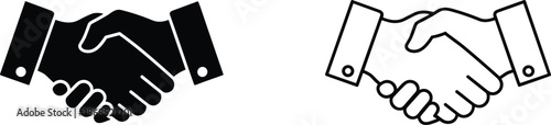 Business handshake vector icons in solid black and outline styles representing partnership agreement cooperation and successful teamwork deal completion.