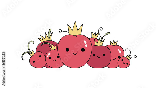 A cute cartoon illustration of a happy tomato family with smiling faces and golden crowns, lined up together on a white background.