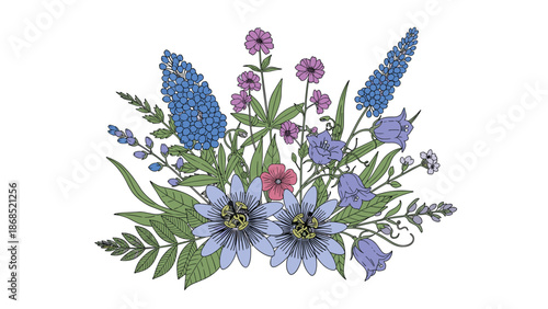 A beautiful and colorful hand-drawn bouquet of various wildflowers, including passion flowers and bluebells, in a vintage botanical style.