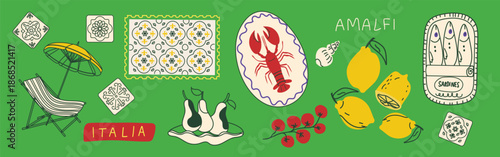 Illustrated Amalfi Summer Collage with Lobster Lemons and Beach Items.