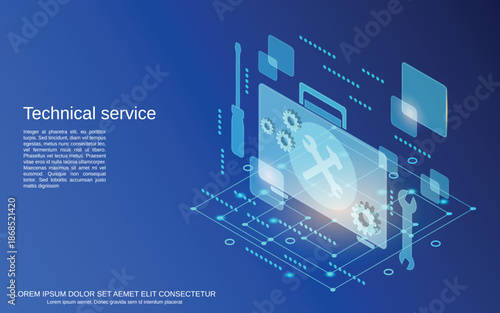 Holographic Technical Service Tools Featuring Wrench and Gears.