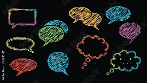 A collection of colorful, hand-drawn speech and thought bubbles with a vibrant chalk or crayon scribble texture on a black background.