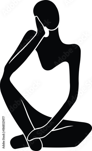 Abstract Thinker-style human sculpture in minimalist black silhouette, expressing contemplation and calm, perfect for modern home decor and art spaces.