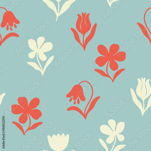 Bezszwowy wzór ze stylizowanymi kwiatami na niebieskim tle - motyw kwiatowy w graficznym stylu